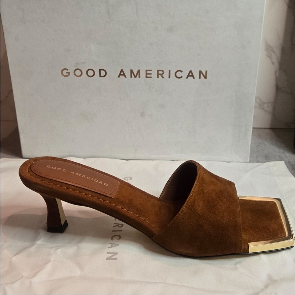Good American Brown Suede Heeled Slides